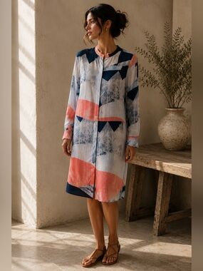 100% Silk Abstract Print Shirt Dress